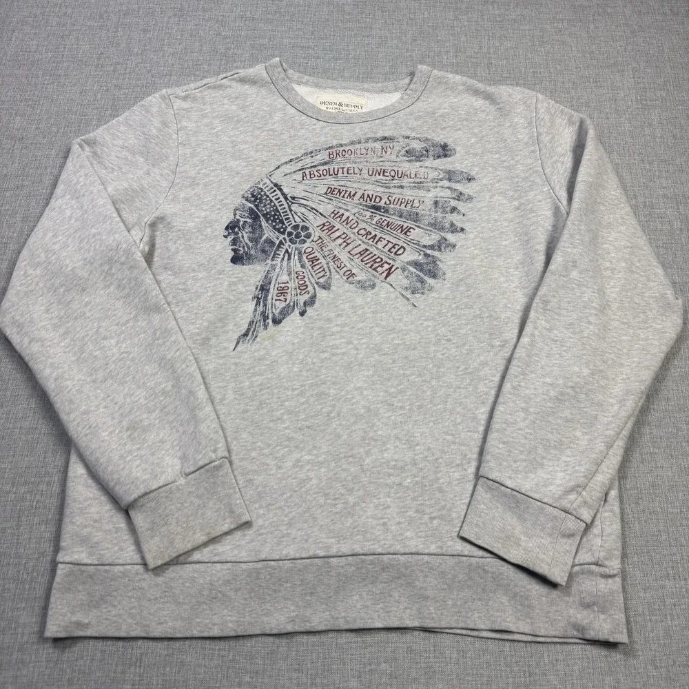 Denim & Supply Ralph Lauren Indian Head Chief Crew Neck Sweatshirt Mens XL Gray - Picture 3 of 12